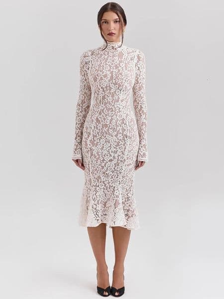 Mozision Lace Long Sleeve Sexy Midi Dress For Women Elegant White Half High Collar High Waist Bodycon Club Party Sexy Long Dress 250606