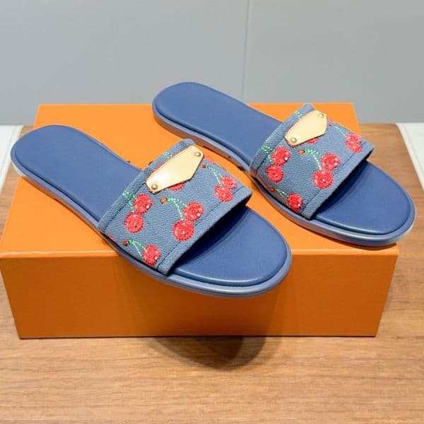 Flat sandals designer Lady 1AHM34 white canvas cherry pattern new summer spirit Pink lily mule leather outsole Murakami series sandals