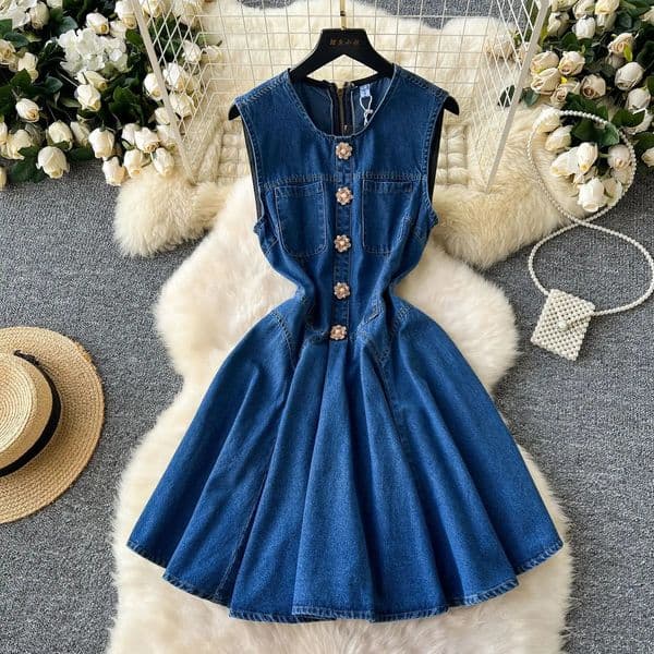 Mini Dres Denim Vest Dresses A Line Vestidos Mom Jeans Sleeveless Elegant Y2k High Waist Party Club Single Breasted 250611BJ
