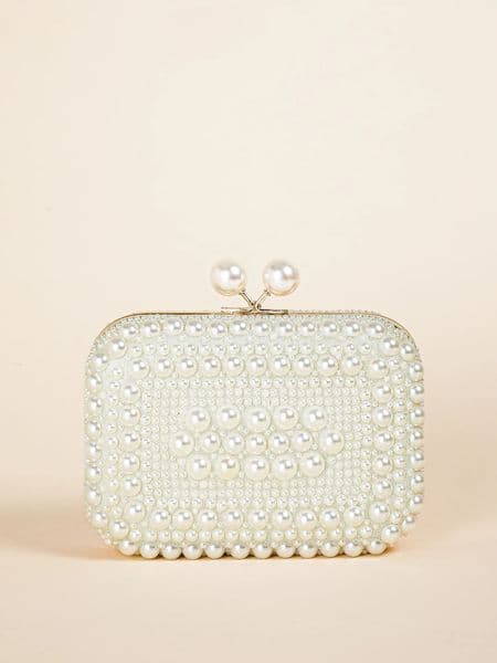 Glamorous Overall Pearl Beads Glossy Kiss Lock Metal Chain Clutch Box Elegant Textured Frame Wedding Purse Party Prom Dinner E 250614BJ