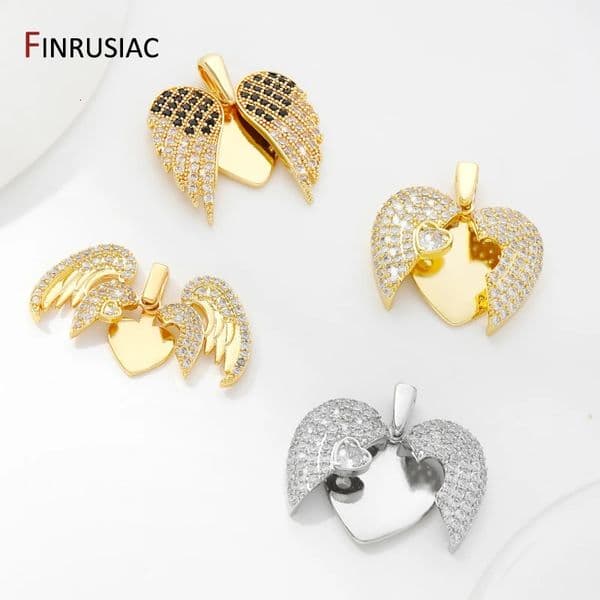 18K Gold Plated Brass Heart Pendant Charm For DIY Jewelry MakingInlaid Zircon Wing Charm DIY Necklace Accessories 250609
