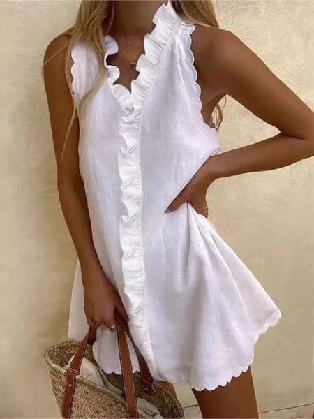 Women Casual Cotton And Linen White Dress Summer V Neck Ruffles Sleeveless Elegant Boho Beach Party Mini Dresses Female Robe 250614