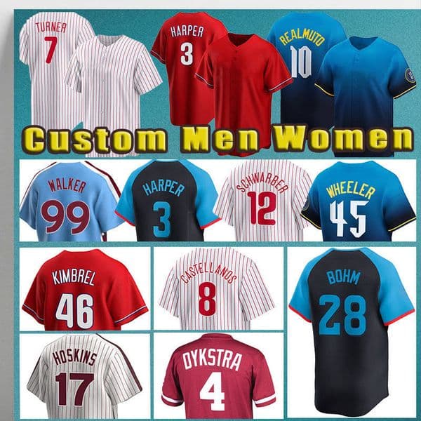 3 Bryce Philliess Harper Baseball Jerseys J.T. Realmuto Alec Bohm Trea Turner Aaron Nola Brandon Marsh Kyle Schwarber Zack Wheeler Nick Castellanos Ranger Suarez