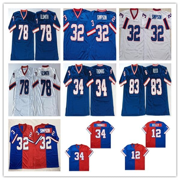 American Throwback Football Jerseys 34 Thurman Thomas 12 Jim Kelly 78 Bruce Smith 83 Andre Reed 32 OJ Simpson Blue White Stitched Retro Shirt