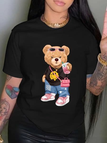 Cool Little Bear Print T-shirt Short Sleeve Crew Neck Casual Top for Summer Spring Womens Clothing 2025 New