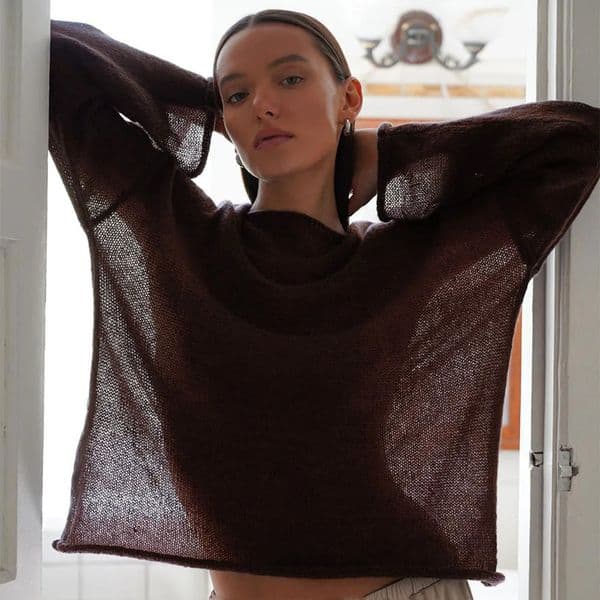 Talenza Hollow Knitted Sweater Pullover Womens Solid See-through O-Neck Long Sleeve Knitted T-Shirt Loose Casual Pullover 2025 250616