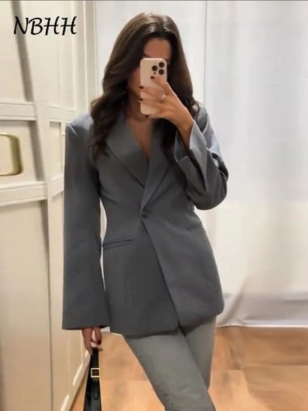 Elegant Slim Solid Womens Blazers Lapel One Button Shoulder Pads Long Sleeve Jacket 2025 Spring Office Lady Commute Outwear 250613Z