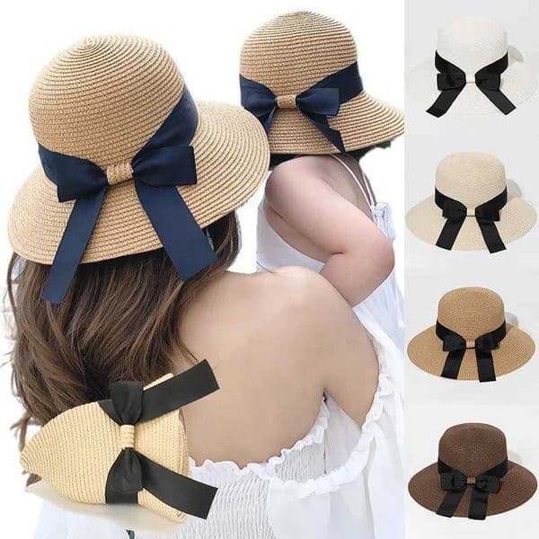 Foldable Ribbon Bowknot Sun Hats For Women Girls Simple Wide Brim Straw Hat Outdoor UV Protection Beach Cap Female Parent-Child Cap XJ250617