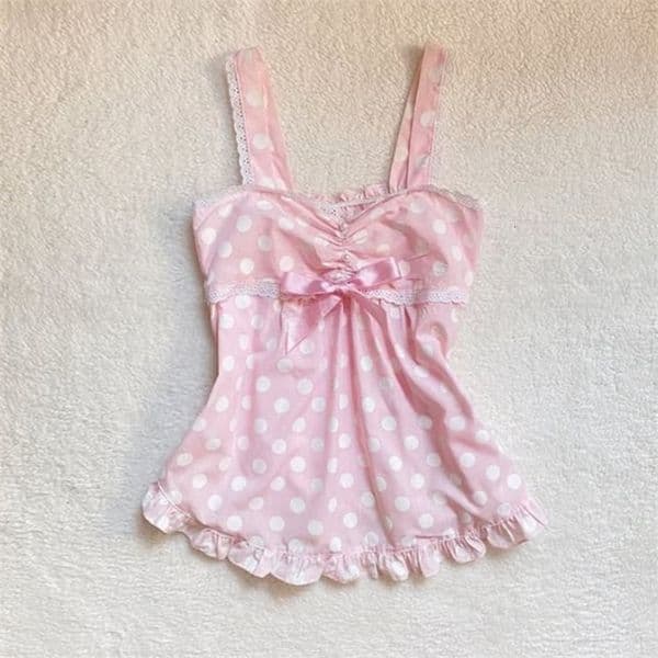 Womens Sweet and cute fairy tale style Y2K casual slim crop top polka dot kawaii bow lace all-match American Gothic cartoon top 250616