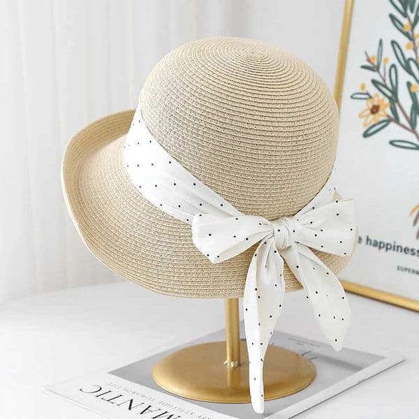 Sun Hat With Dot Ribbon Bow Womens Summer Breathable Straw Beach Hat Retro Wide Brim For Outdoor Travel Bonnet Bucket Hat New XJ250617