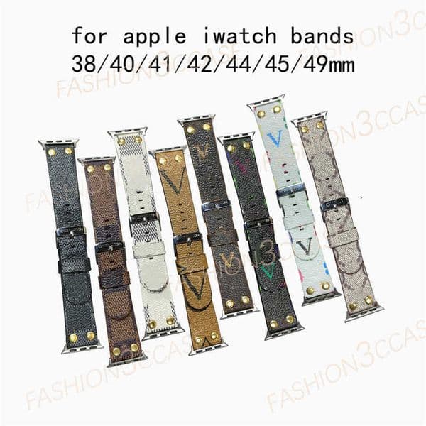Designers Leather Luxury Watchbands for iWatch Straps Rivet Buckle Brown Flower 7 6 se 8 9 ultra s10 Bands 44 49 45 46mm 42 40 41 mm 38mm Bracelet Z260603
