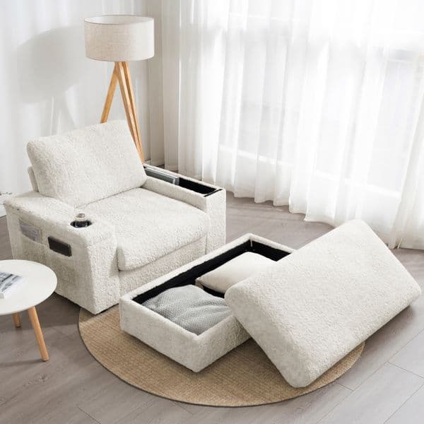42-Inch Oversized Indoor Recliner, Faux Rabbit Fur Sofa Bed With Storage Bench And Armrests, Cup Holder, Upholstered Recliner, Reading Sofa With Deep Seat
