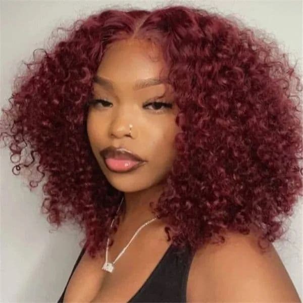 99J Colored Curly Deep Water Wave Lace Front Wig Burgundy Red Remy Short Cut Bob Frontal Human Hair Wigs Women Pre Plucked Wigs Synthetic