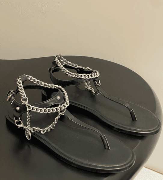 Designer - Summer women's Sandals flat slippers Flip-flops with metal round buckles and Metal chains surround the feet