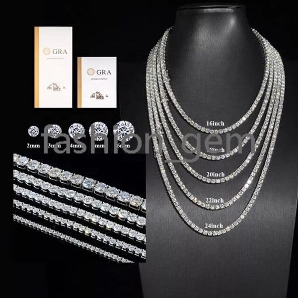 Hiphop Iced Out Tennis Necklace 925 Sterling Silver 2mm 3mm 4mm 5mm VVS Moissanite Tennis Chain