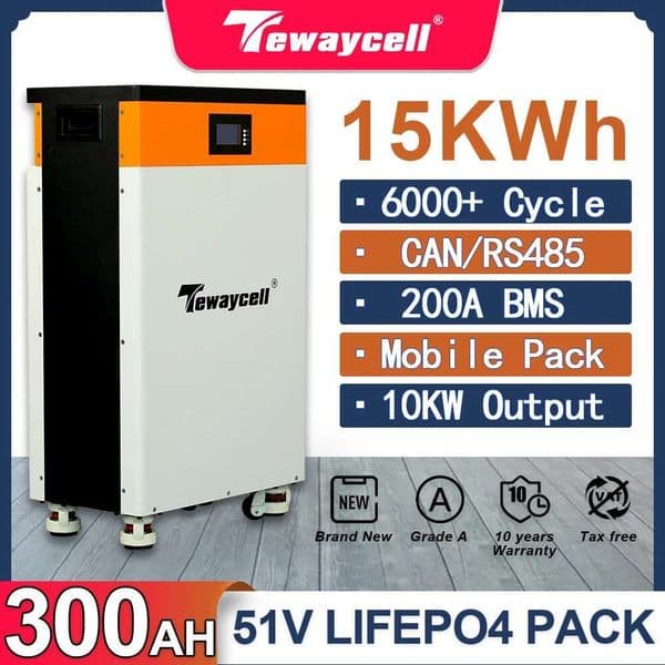 Tewaycell 15KWH LiFePO4 Battery Pack Powerwall 48V 51V 300AH Buitl-in BMS CAN RS485 Monitor Solar Energy System ESS EU Tax Free