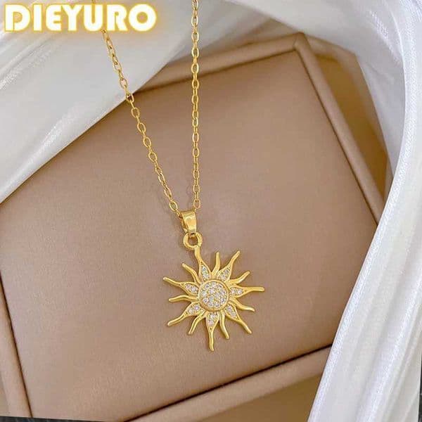 DIEYURO 316L Stainless Steel Golden Rhinestone Sun Pendant Necklace For Women New Trend Gorgeous Neck Chain Jewelry Holiday Gift W250618