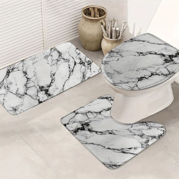 3PCS Black White Marble Bath Mat Set Soft Flannel NonSlip UShaped Toilet Footrest Polyester Modern Bathroom Kitchen Decor 250618