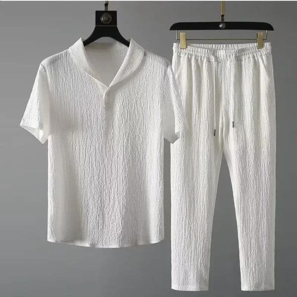 Summer Ultrathin Sleeveless Ice Silk Linen Suit Mens Cotton Set Oversized Loosefit Midsleeve Tshirt Sports Wear 250614