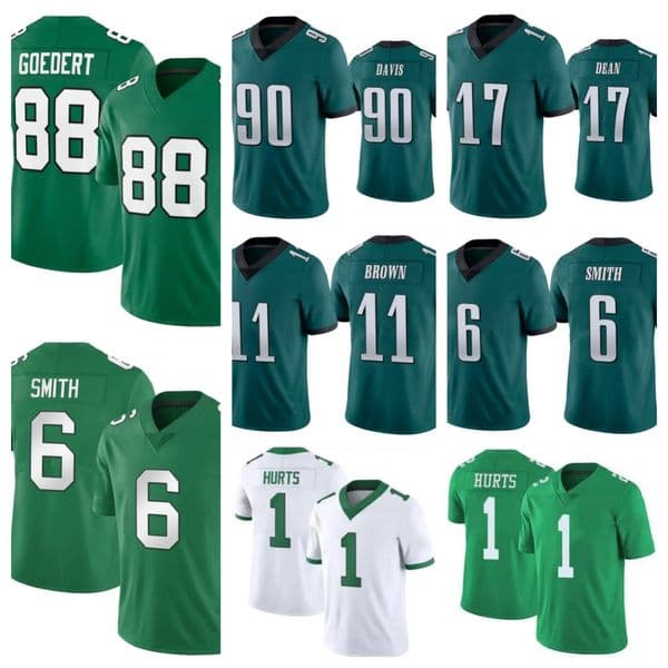Men's 1 Jalen Hurts 6 DeVonta Smith 11 Brown 26 Barkley 17 Nakobe Dean 88 Goedert 92 Reggie White 90 Davis 33 Cooper DeJean 98 Carter American Football Limited Jersey
