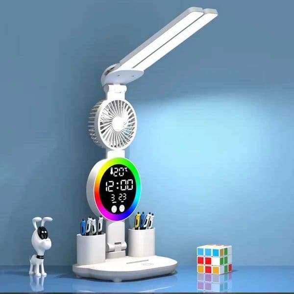 LED Clock Table Lamp With fan USB Chargeable Touch Lights 2Heads 180 Rotate Foldable Eye Protection Desktop Reading Table Lights Z250618