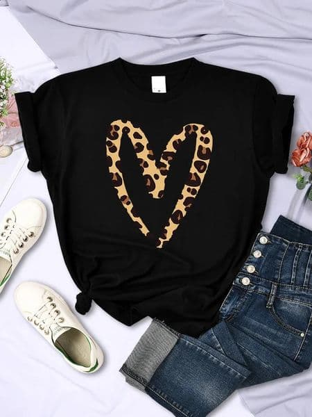 Hollow Out Leopard Print Love Tshirt Women Fashion Casual T Shirt Street Sport Soft Tee Shirt Breathable Street T Shirt Woman 250614