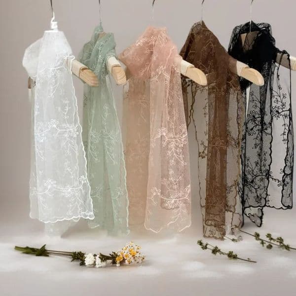 Summer 1PC Women Lace Long Scarf Embroidered Flower Long Silk Female Korean Version Literary Retro Versatile Decorative Shawl 250618