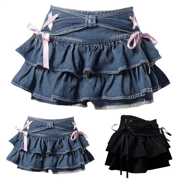 Women Y2k Denim Mini Skirt Sweet Ruffle Kawaii Bow Coquette Vintage Summer Cutecore ALine Jean Short Harajuku Skirts 250610A