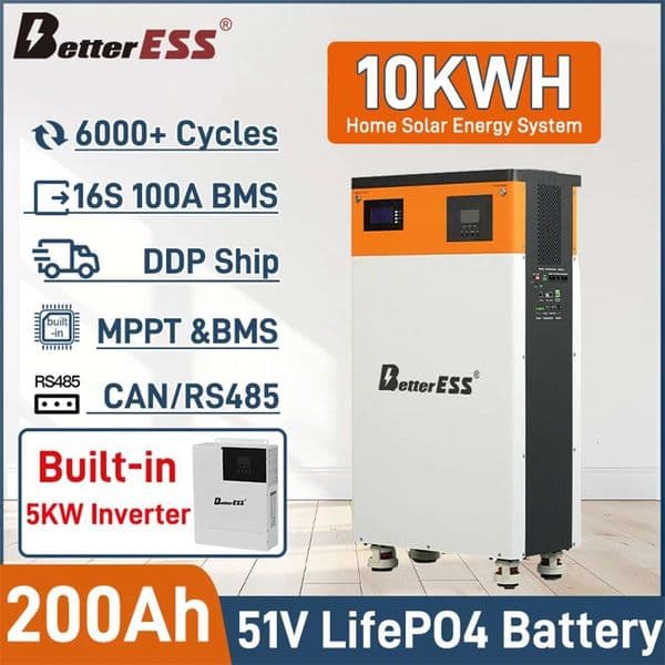 BetterESS All in One 48V 200Ah 10KWh Powerwall 51.2V LiFePO4 Battery Built-in 5KW Inverter ESS Solar Energy System EU No Tax