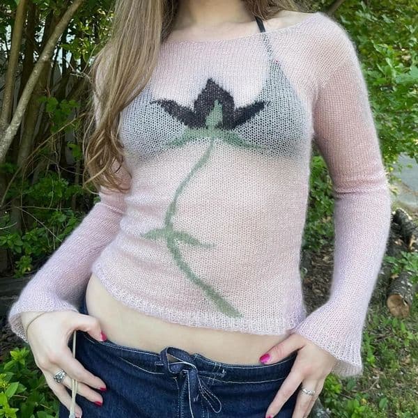 Flower Long Sleeve Knitted Crop Tops Aesthetic See Through Sweater Tees 90s Vintage Y2k Gyaru Crop Tops Jumpers Cottage Clothes 250618