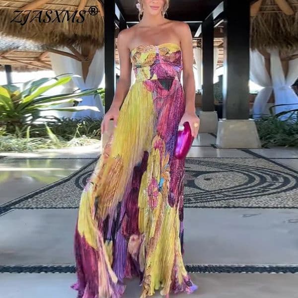 2025 Sexy Sling High Waist Party Dress Woman Elegant Pleated Print Robes Dress Summer Fashion Slveless Hollow Boho Dresses 250618 Z260512