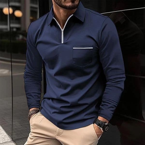 Men's long-sleeved POLO shirt luxury T-shirt fashionable shirt zipper pocket sports polo shirt European size: S-3XL