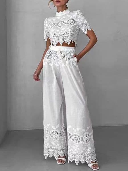 ed and hollowedout back zipper short top twopiece set for Summer womens wear elastic waist wideleg pants set 250618