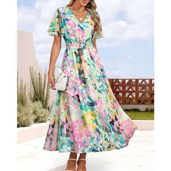 25 New Summer Short Sleeve V-Neck Floral Print Beach Flowing Long Bohemian Dress B5