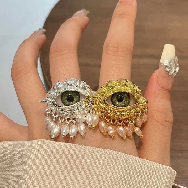 Jewelry Vintage Devils Eye Ring Delicate Imitated Pearl Glaze Ring Tassels Exaggerated Opening Finger Ring Party Favors Z250619