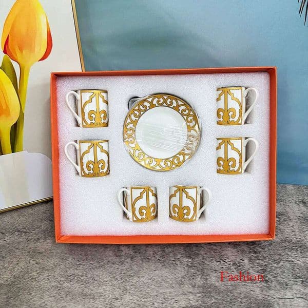 Premium 6-Piece European Espresso Set Fine Bone China Cups - Gold Rimmed Demitasse Collection B5