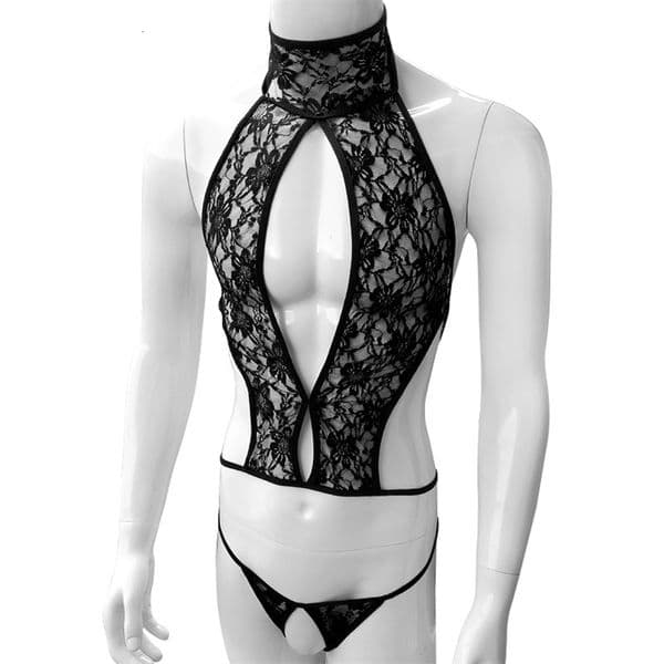 See Through Men Lace Bikini Lingerie Set Sleeveless Sissy Bra Tops with Crotchless G-string Thong Underwear Gay Sexy Panties 250618