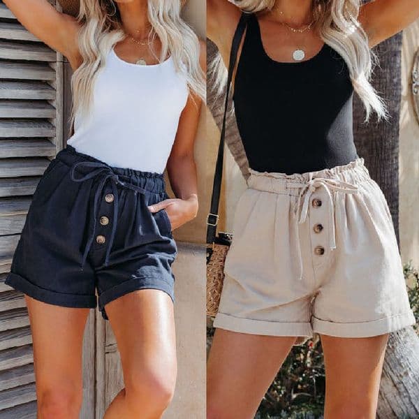 2025 Summer Womens Cotton Wide-Leg Pants High-Waist Elastic Drawstring Casual Shorts