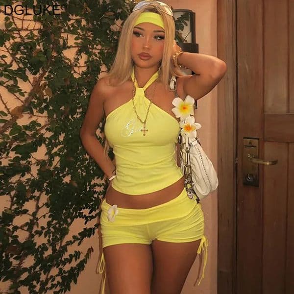 DGLUKE Halter Top And Shorts Sets Woman Embellished 2 Piece Set Summer Co ord Sexy Club Festival Outfits 250614BJ