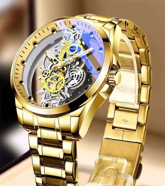 DHgargets New Men Quartz Gold Skeleton Vintage Man Watch