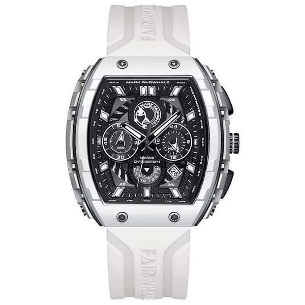 DHgargets Mark Fairwhale Men's Multifunctional Quartz Watch 45mm Barrel Dial Wristwatch with Silicone Strap Steel Case Casual Sports Charm