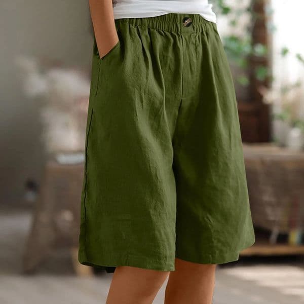 Womens Fashion Solid Color Pants Pocket Button Up Capris Loose Elastic Waist Cotton Linen Shorts 250619