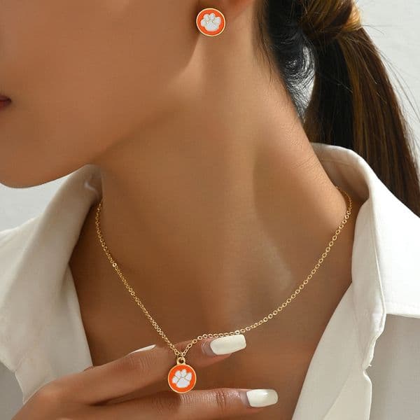 Fashion Necklace And Earring Set For Women, Unique Dog Paw Print Oil Drip Versatile Design Clavicle Chain