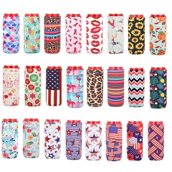 Skinny Summer Can Sleeves, 12 oz Beverage Slim Can Coolers for Energy Drink and Beer Cans Hawaiian Themed Party Pool Party