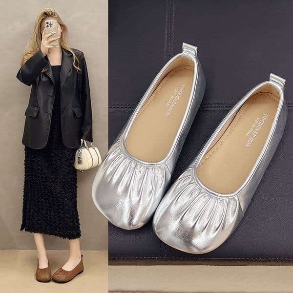 Ddmysports Flat Single For Women Autumn New French Style Gentle Slip On Loafers Soft Sole Shallow Mouth Wrinkled Grandma Shoes Outdoor Shoes