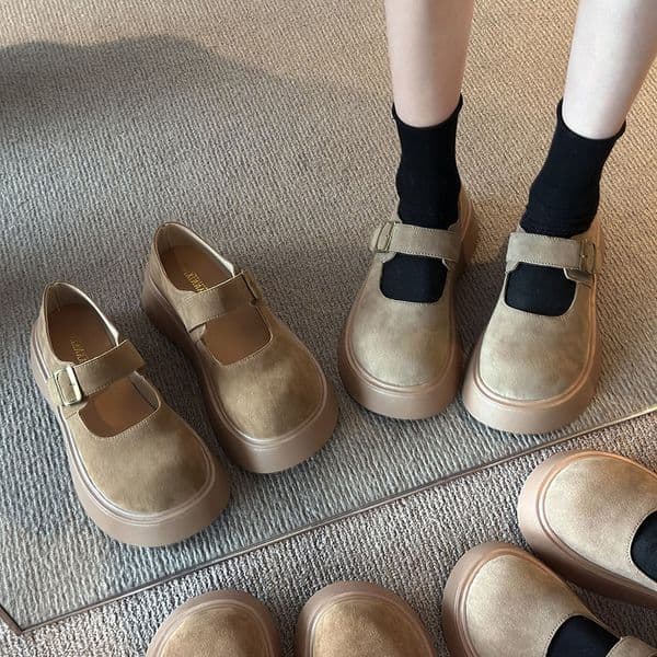 Ddmysports Round Toe Brown Thick Sole Women S Leather New Spring Autumn Dress Height Increasing French Mary Jane Single Shoes Outdoor Shoes
