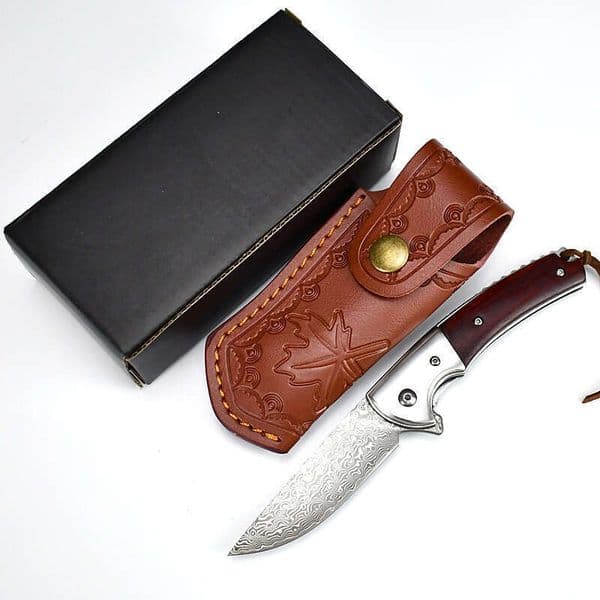 Straight Damascus Steel Self-Defense Portable Handy Pocket Tool Outdoor Folding Knife