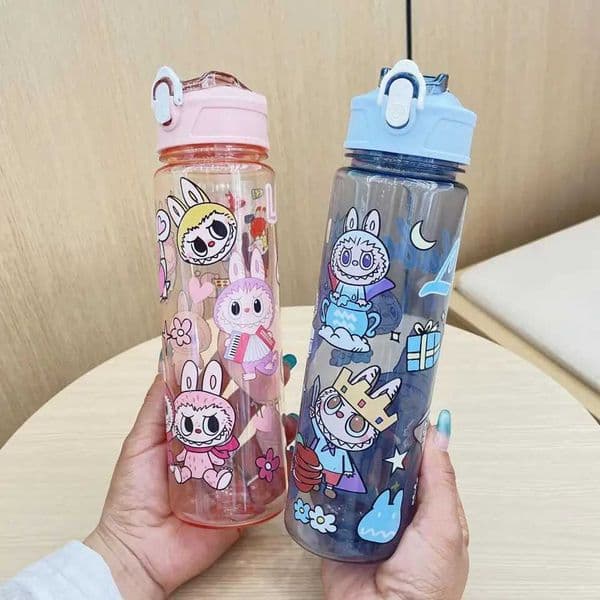New Cartoon Labubu Large-capacity Water Cup Tourist Portable Rope Labubu Printing Plastic Transparent Cup Straw Space Water Cups M250620