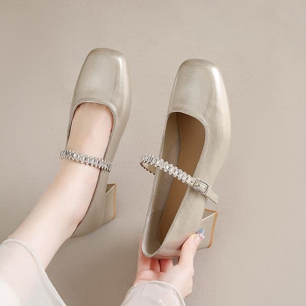 Ddmysports Summer New French Elegant Rhinestone Single Square Toe Mary Jane Shoes Chunky Heel Fairy Style To Match Skirts Outdoor Shoes