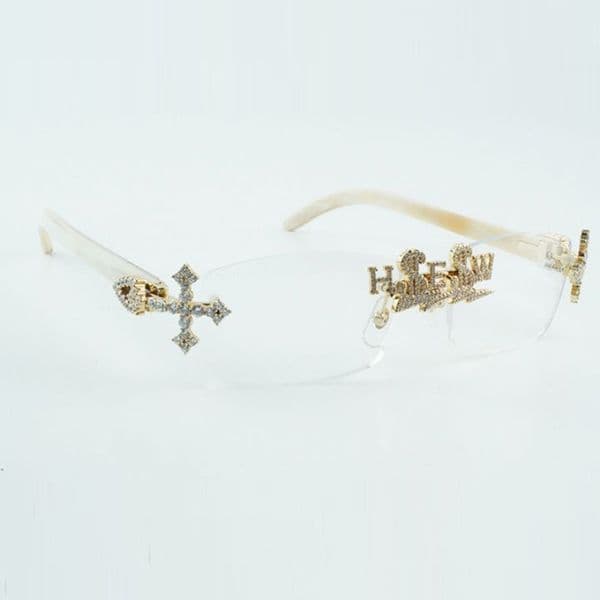 designer Customized cross diamond optical glasses 3524012 with natural white buffalo horn legs 56-18-140mm support customized nose bridge letters